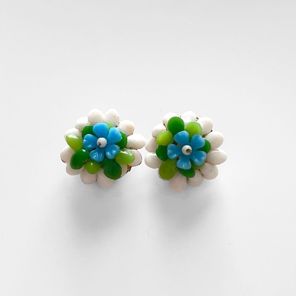Vintage Flower Cluster Bead Clip Earrings